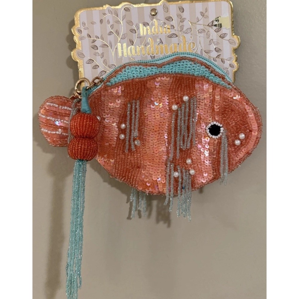 Made in India Handmade Beaded Tasseled Fish Shaped Nautical Pouch Rare
